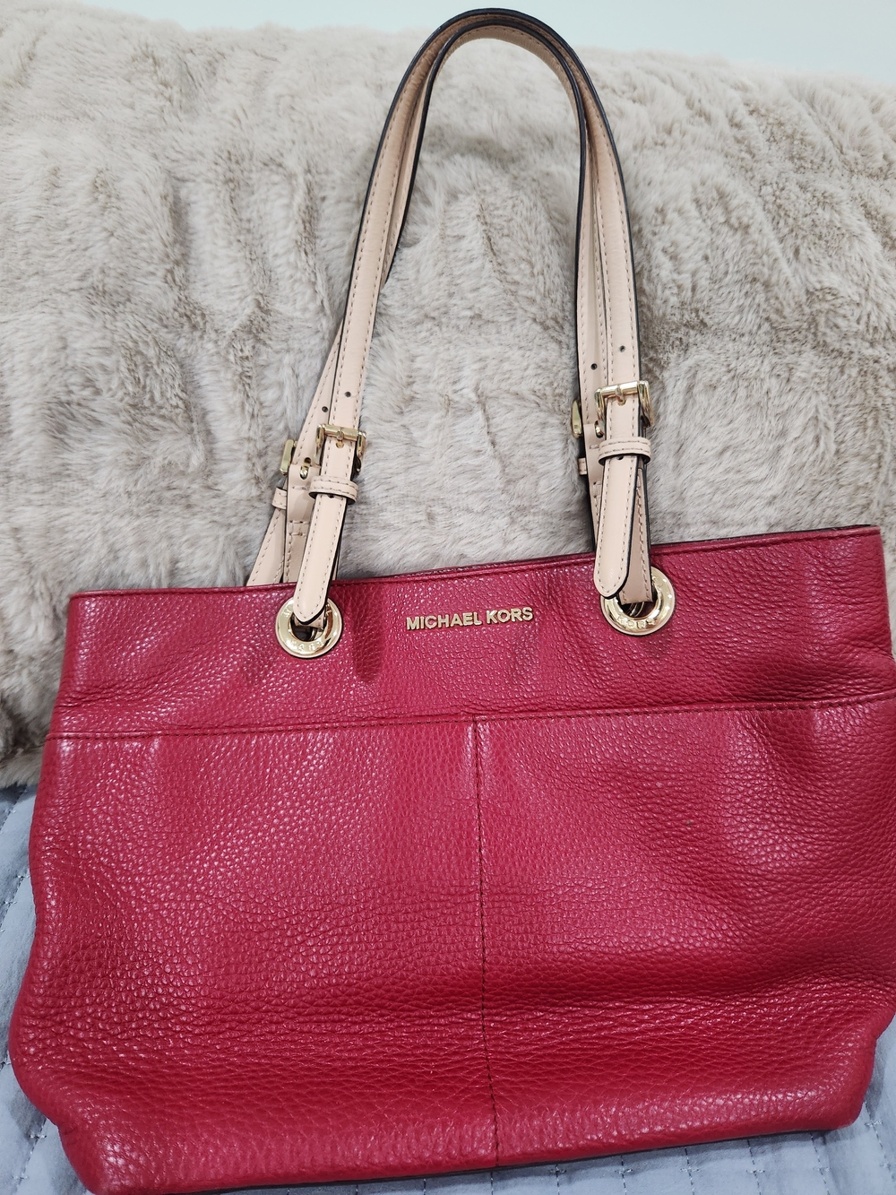 Michael Kors Red Pebbled Leather Tote with Cream Straps